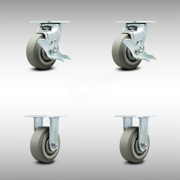 5 Inch SS Thermoplastic Rubber Caster Set with Roller Bearings 2 Brake 2 Rigid